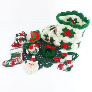 Vintage Crochet Knit Christmas Decorations Ornaments Boot Ice Skates Stocking Lo